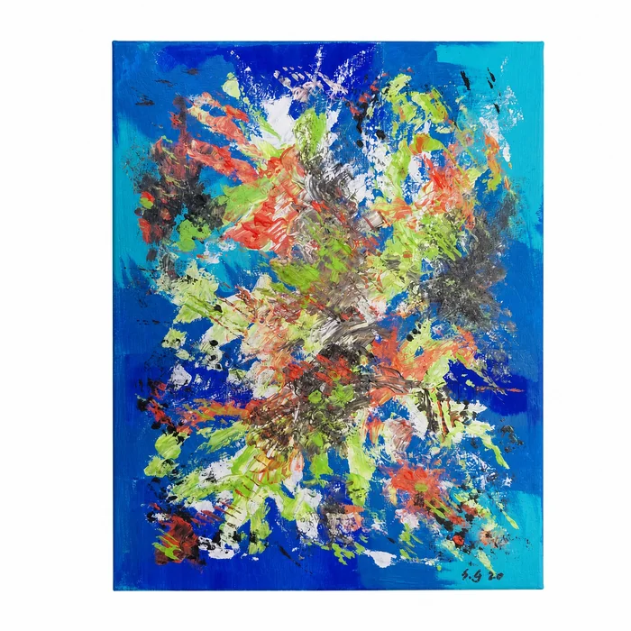 Abstraktes Acrylgemälde in Blau, Grün, Rot und Weiss